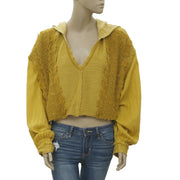 New Free People Lacey Pullover Crochet Lace Yellow Hoodie Crop Top S