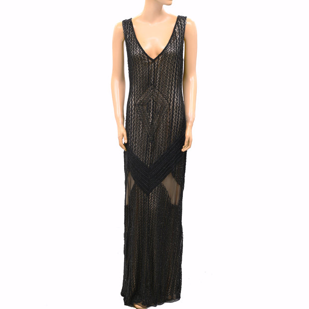 Mac Duggal Beaded Black Maxi Gown Dress S