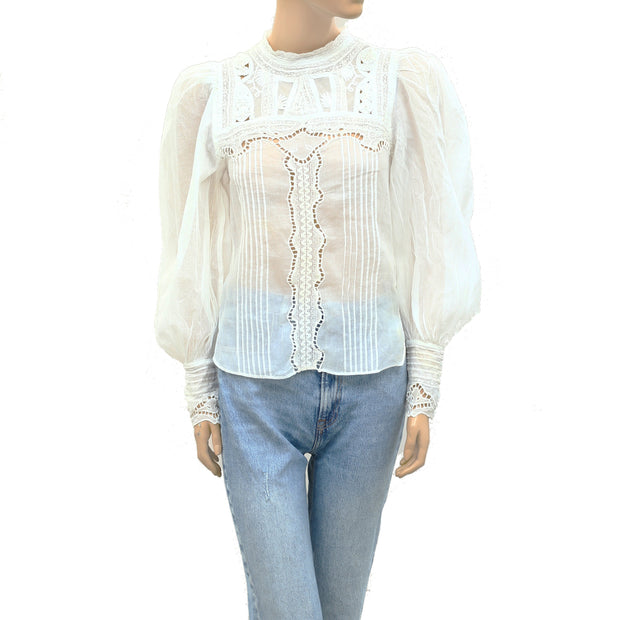Zadig & Voltaire Embroidered Balloon-sleeve Blouse Top Lace Pintuck XS
