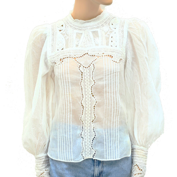 Zadig & Voltaire Embroidered Balloon-sleeve Blouse Top Lace Pintuck XS