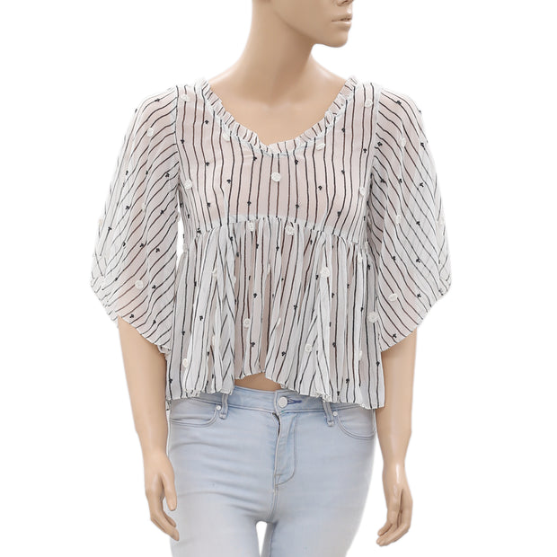 Seidel Striped Printed Embroidered Blouse Top XS
