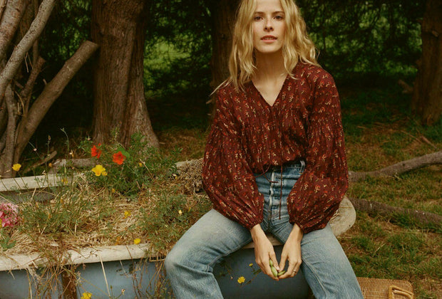 Doen Collection Petunia Happy Flower Block Print Blouse Top