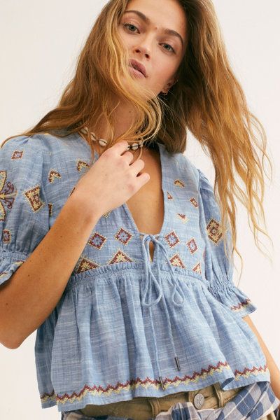 Free People Tallulah Embroidered Blouse Top XS