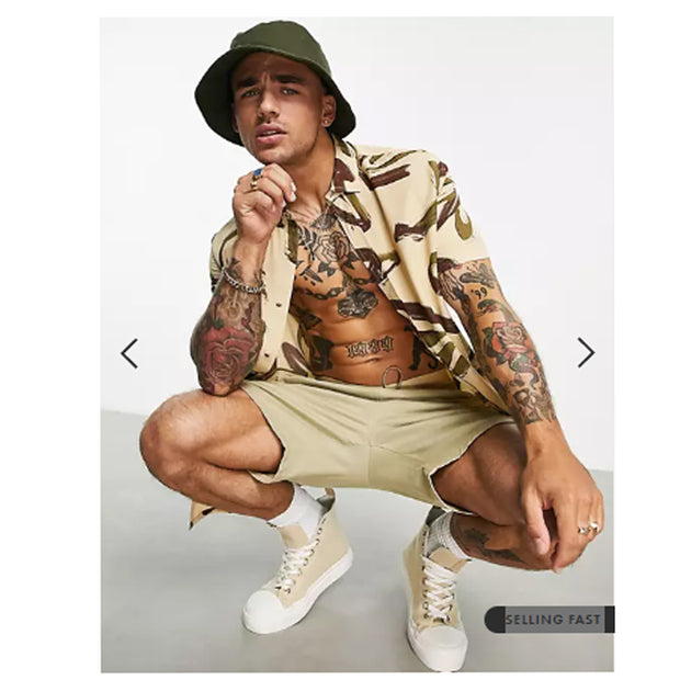 Asos Design Men's Relaxed Shirt In Beige Abstract Printed L