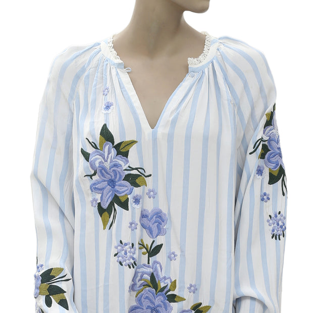 New Akemi + Kin Anthropologie Floral Embroidered Striped Blouse Top S