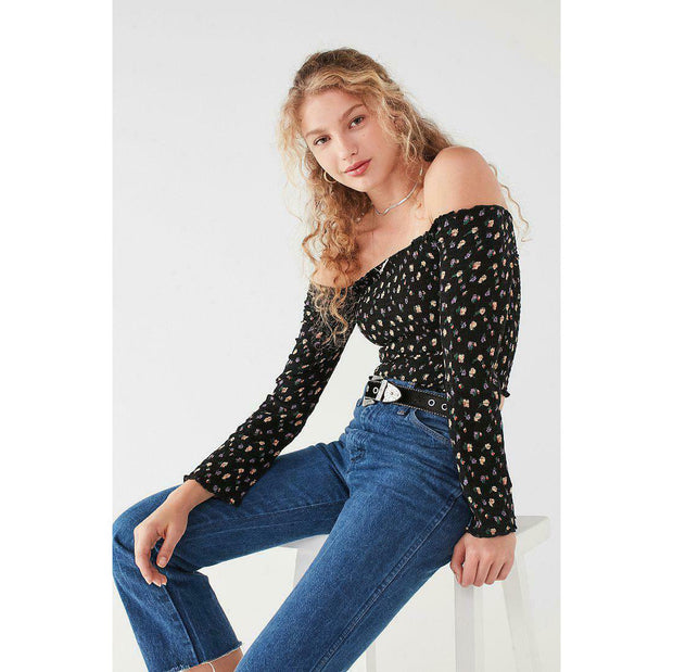 Pins & Needles Urban Outfitters Smocked Long Sleeve Bardot Cropped Top XL