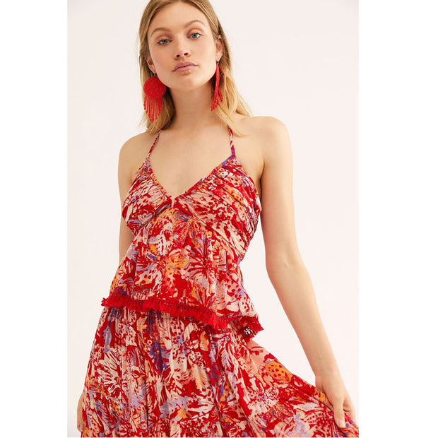 Free People Kahlo Printed Halter Blouse Crop Top