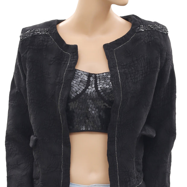 Anthropologie Embroidered Beaded Black Jacket Top S