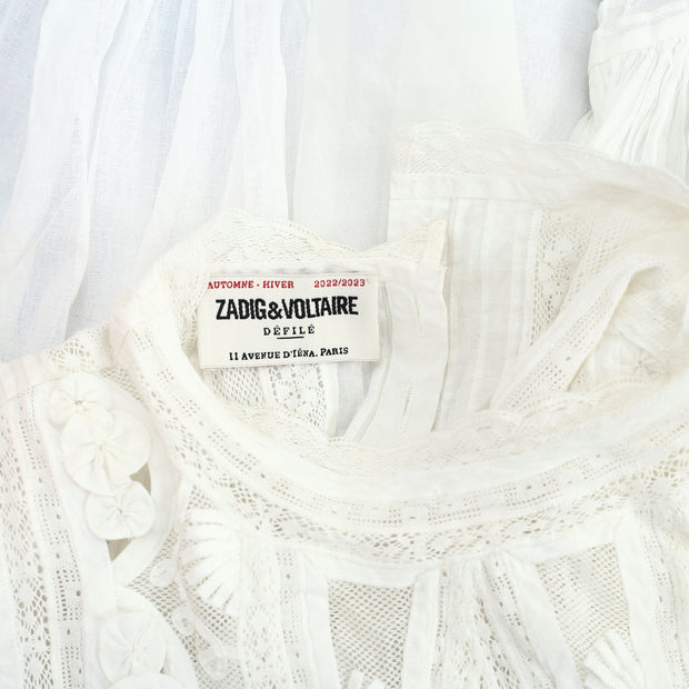 Zadig & Voltaire Embroidered Balloon-sleeve Blouse Top Lace Pintuck XS