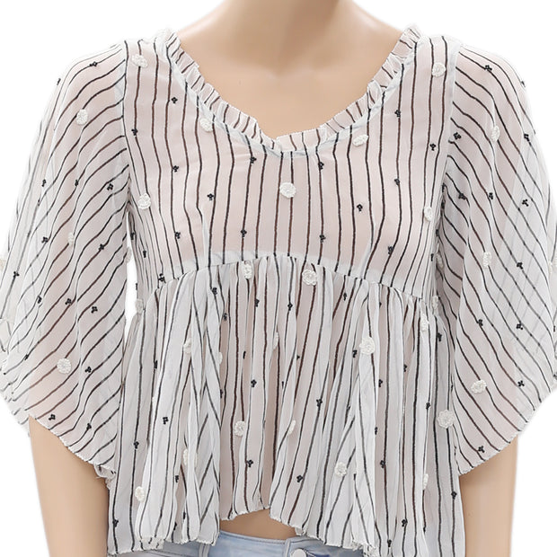 Seidel Striped Printed Embroidered Blouse Top XS