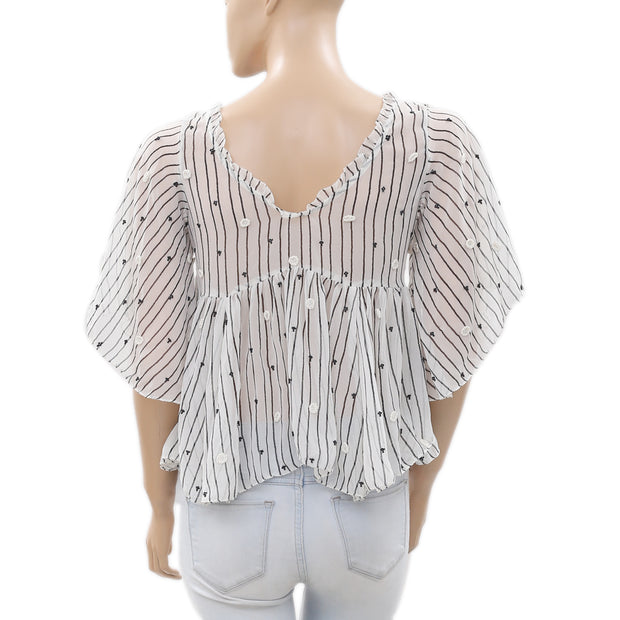 Seidel Striped Printed Embroidered Blouse Top XS