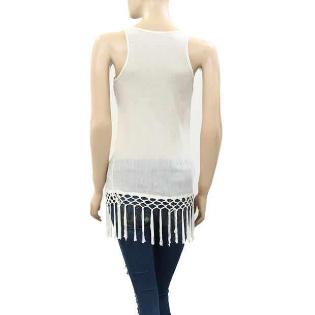 Mes Demoiselles Embroidered Fringes Ivory Tunic Top XS