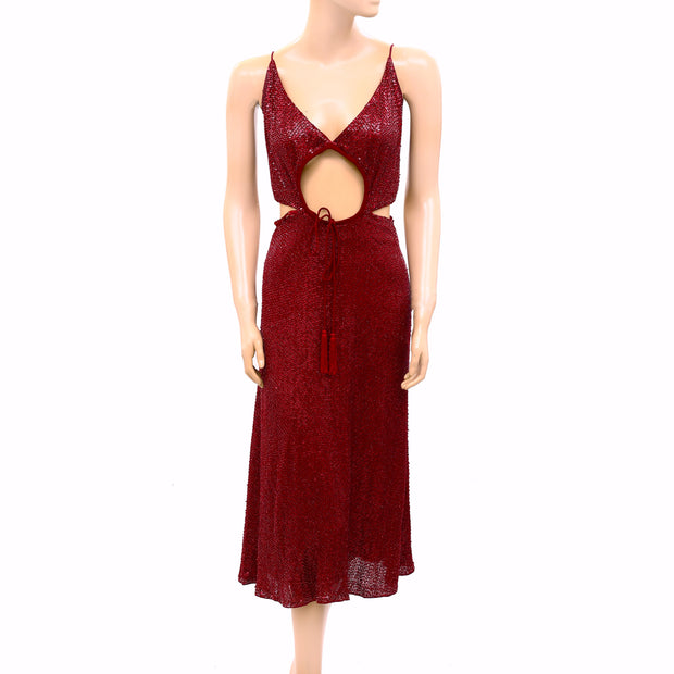 Mac Duggal Wine Sequin Beaded Midi Dress M