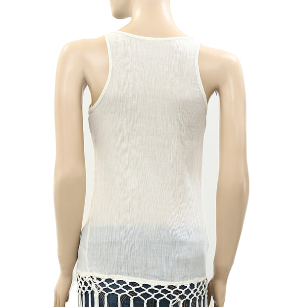 Mes Demoiselles Embroidered Fringes Ivory Tunic Top XS