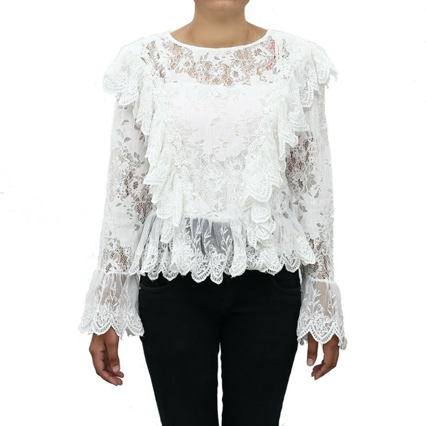 Uterque Embroidered Lace Romantic White Blouse Top