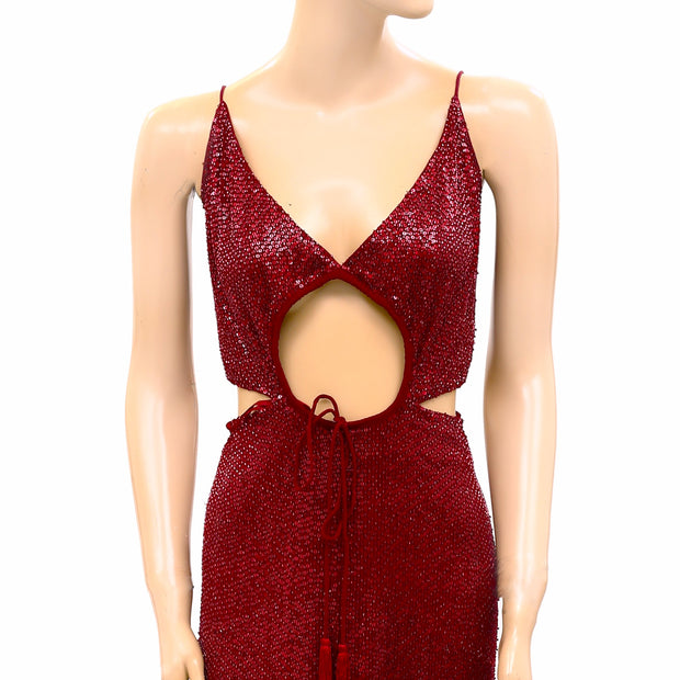 Mac Duggal Wine Sequin Beaded Midi Dress M