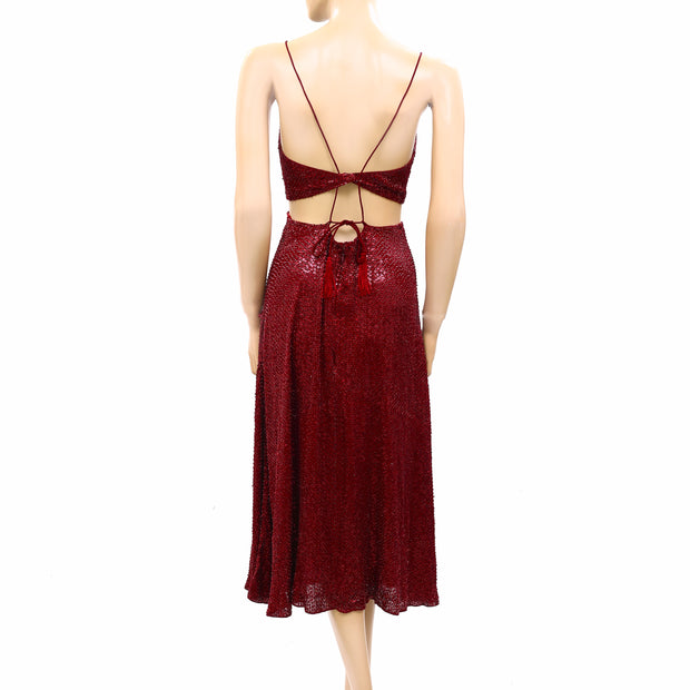 Mac Duggal Wine Sequin Beaded Midi Dress M