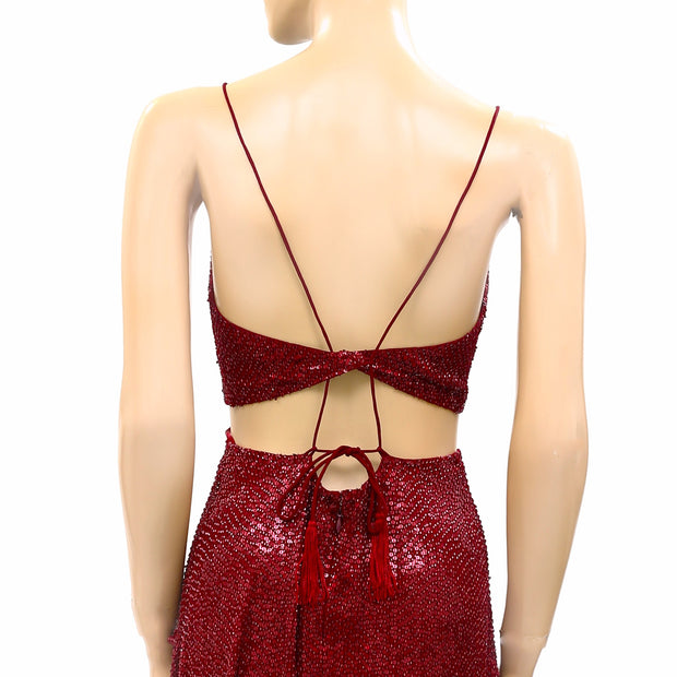 Mac Duggal Wine Sequin Beaded Midi Dress M