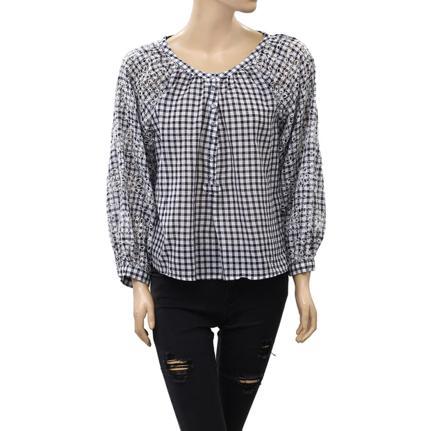 Akemi + Kin Anthropologie Gingham Eyelet Blouse Top
