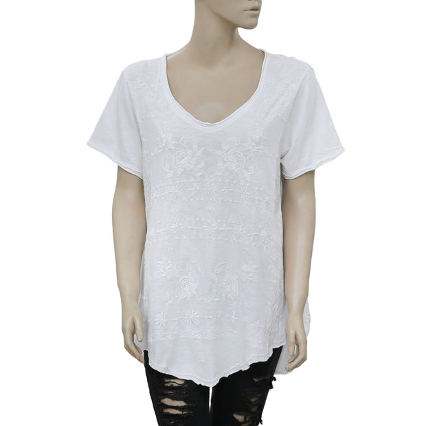 New Caite Embroidered Short Sleeve High & Low Casual White Tunic Top M