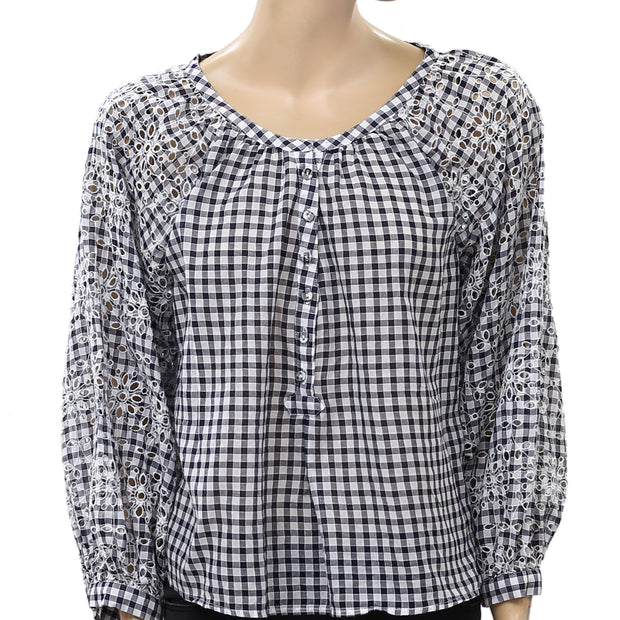 Akemi + Kin Anthropologie Gingham Eyelet Blouse Top