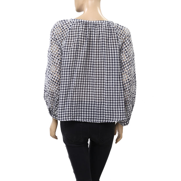 Akemi + Kin Anthropologie Gingham Eyelet Blouse Top