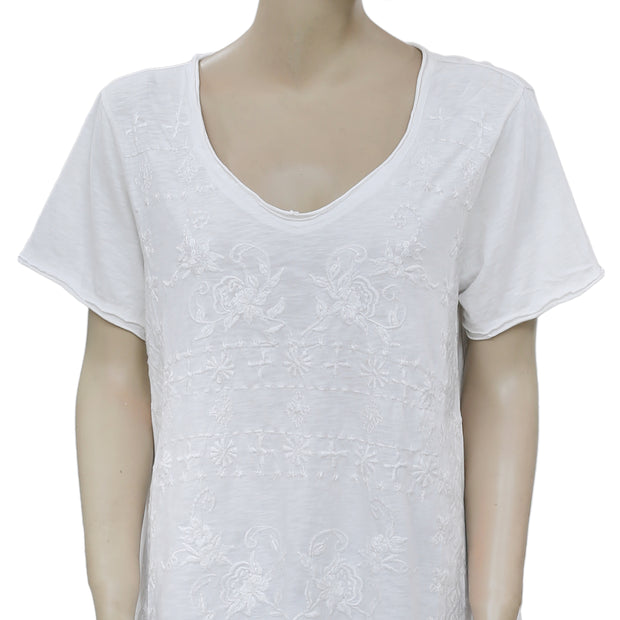 New Caite Embroidered Short Sleeve High & Low Casual White Tunic Top M