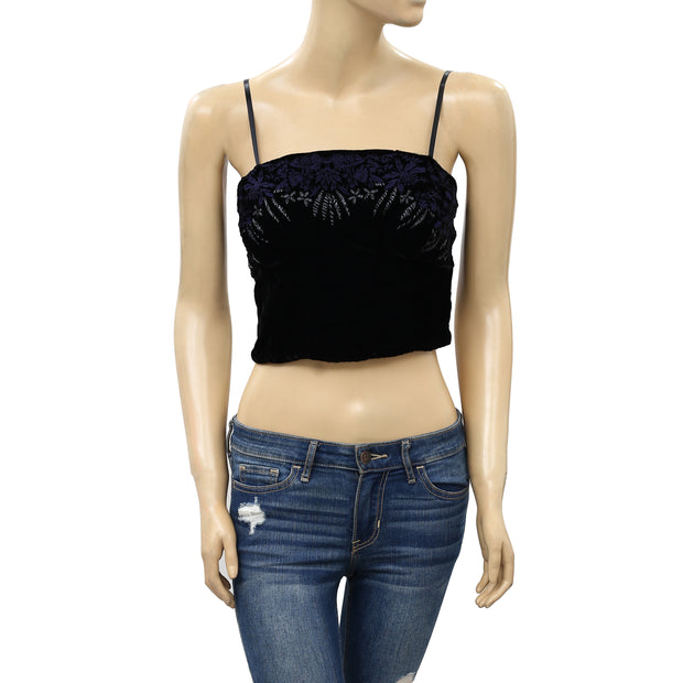 Free People Metallic Embroidered Black Crop Cami Top XS
