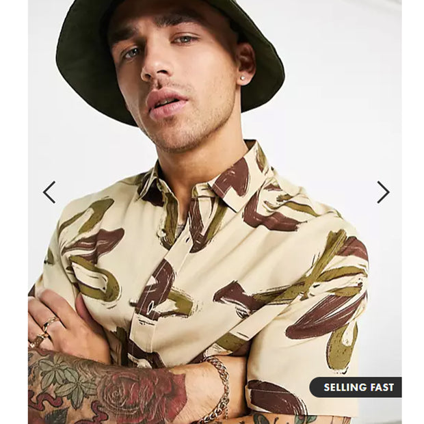 Asos Design Men's Relaxed Shirt In Beige Abstract Printed L