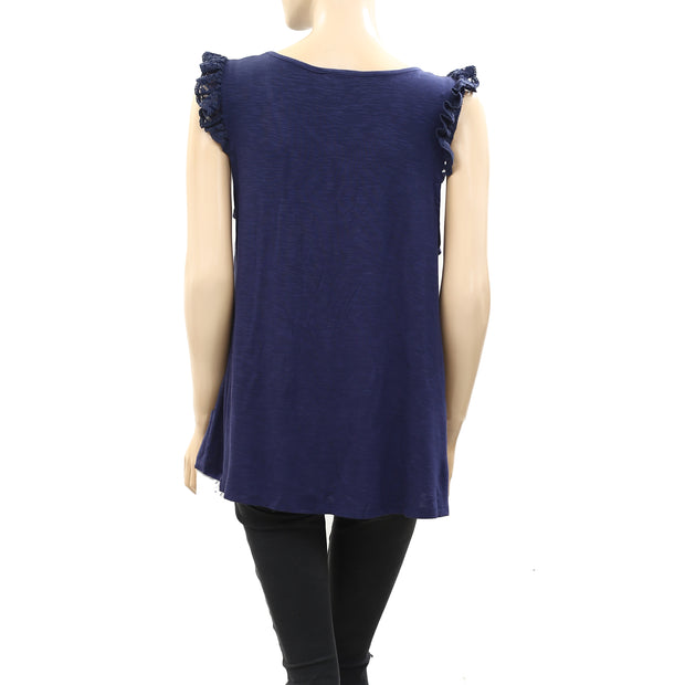 Modcloth Embroidered Ruffle Tunic Top Navy  M