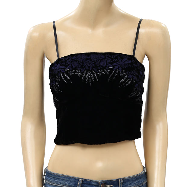 Free People Metallic Embroidered Black Crop Cami Top XS