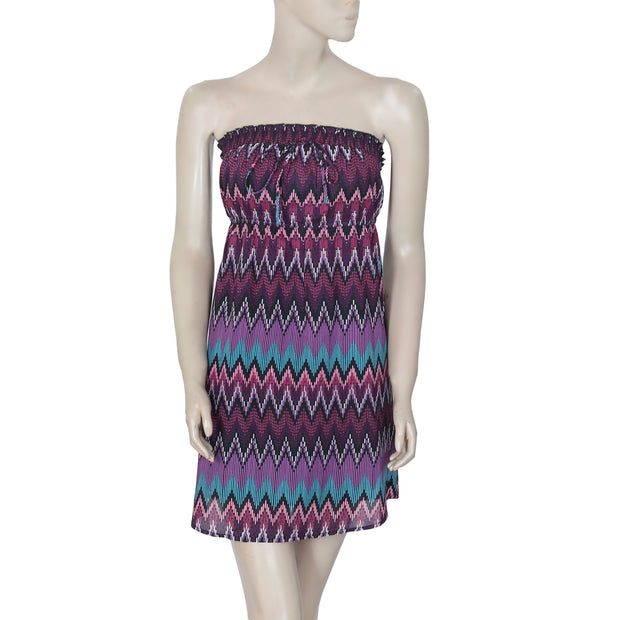 Roxy Zig Zag Printed Smocked Tube Mini Tunic Dress XS