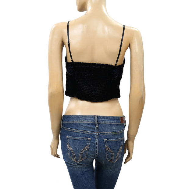 Free People Metallic Embroidered Black Crop Cami Top XS