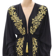 Free People Black Coverup Tunic Top Embroidered Front Tie Kimono XS