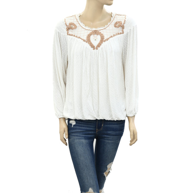 Free People Begonia Tee Embroidered Blouse Top XS
