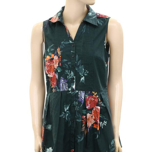 Anthropologie Floral Printed Green Shirt Mini Dress S