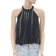 Free People Shimmer Shine Embellished Cutout Black Tank Top