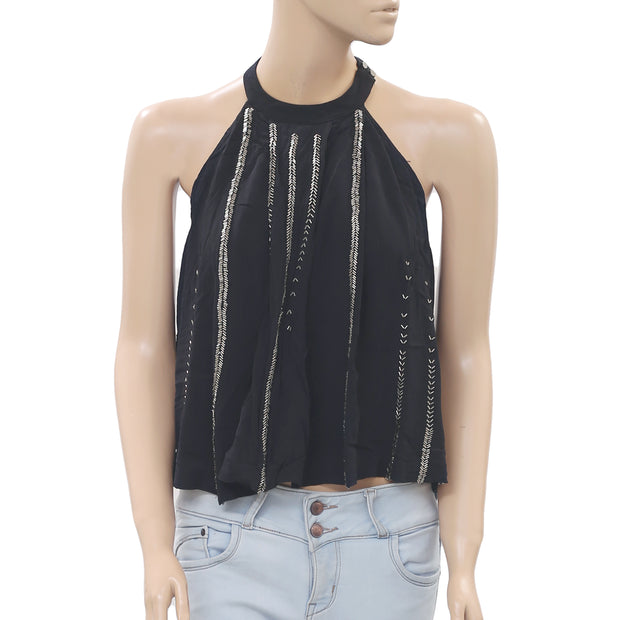 Free People Shimmer Shine Embellished Cutout Black Tank Top