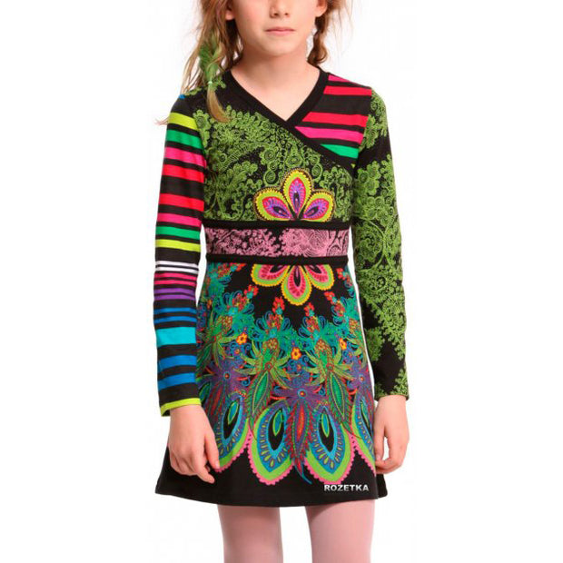 Desigual Kids Floral Printed Mini Dress Striped Cotton Girl