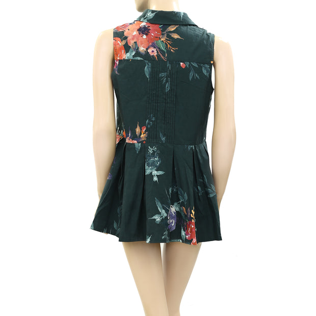 Anthropologie Floral Printed Green Shirt Mini Dress S