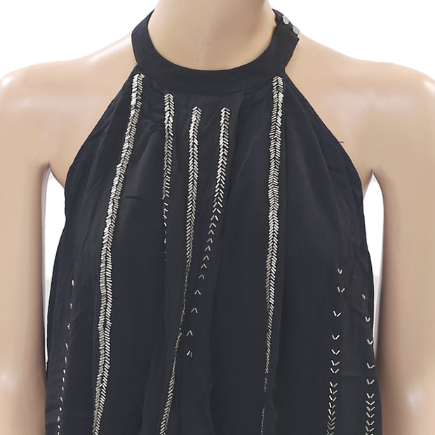Free People Shimmer Shine Embellished Cutout Black Tank Top