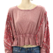 Free People Throwback Embroidered Cropped Blouse Top