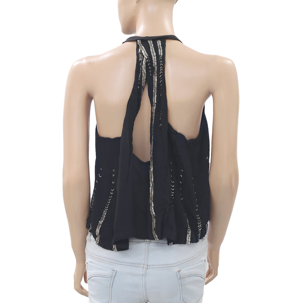 Free People Shimmer Shine Embellished Cutout Black Tank Top