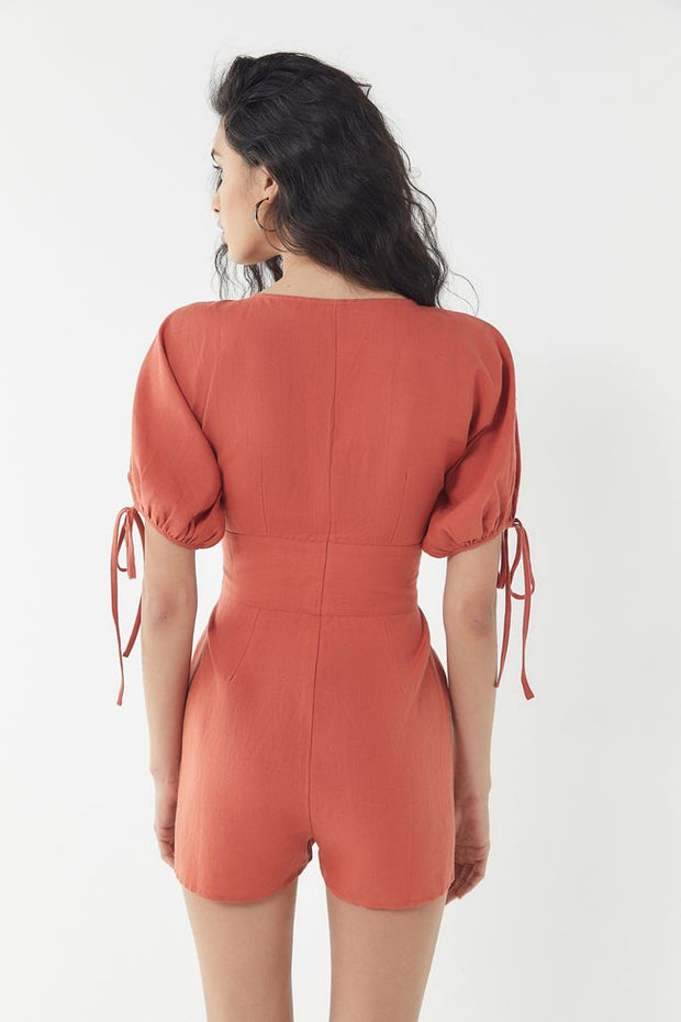 Urban Outfitters Lily Linen Button-Front Romper Dress S
