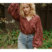 Doen Collection Petunia Happy Flower Block Print Blouse Top