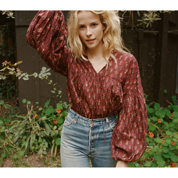 Doen Collection Petunia Happy Flower Block Print Blouse Top