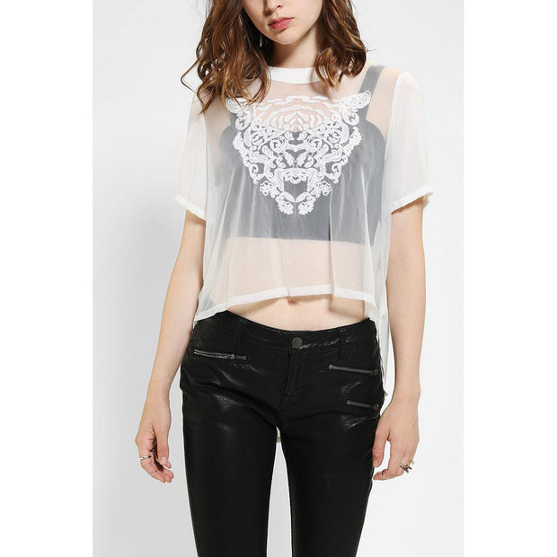 Silence+Noise Urban Outfitters Graphic Embroidered Mesh Blouse Top