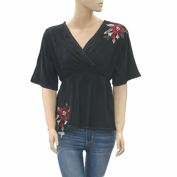 Caite Anthropologie Floral Embroidered Blouse Top Black  S