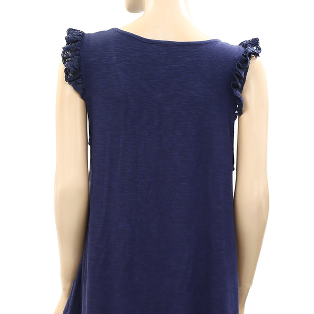 Modcloth Embroidered Ruffle Tunic Top Navy  M