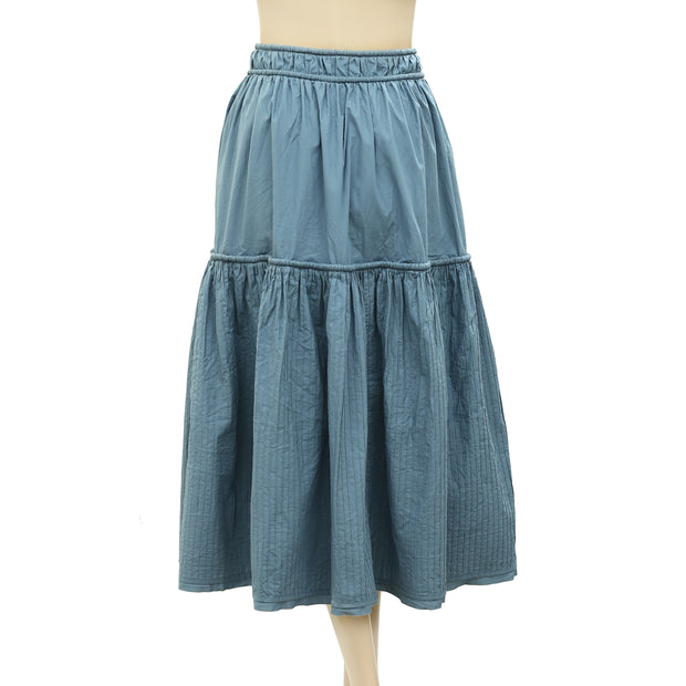 Ulla Johnson Blue Pintuck Cotton-voile Midi Skirt M